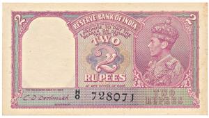 George VI, Rupees 2, 1944, signed C. D. Deshmukh, (Jhun 2.2). Extremely Fine, Rare.