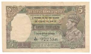 George VI, Rupees 5, 1st issue, 1944, signed C. D. Deshmukh, (Jhun 3.2). Very Fine+.