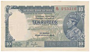 George VI, Rupees 10, 1st issue, 1938, signed J. B. Taylor, (Jhun 5.1). About Extremely Fi