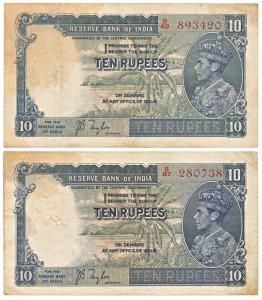 George VI, Rupees 10, 1st issue, 1938, signed J. B. Taylor, (Jhun 5.1). Fine+. (2)