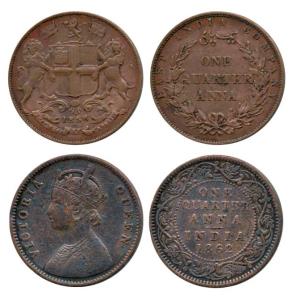East India Company, Victoria Queen, Copper ¼ Anna (2), 1858 and 1862. About Very Fine to V