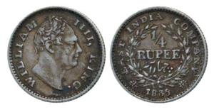 William IV, Silver ¼ Rupee, 1835, Calcutta mint, 'F' raised, 18 Berries. Very Fine+, Very 