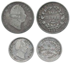 William IV, Silver (2), ½ Rupee and ¼ Rupee, 1835. Good to Fine. (2)