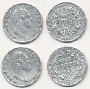 William IV, Silver Rupee (2), 1835, Bombay Mint, B / II / 20 Berries, no initials, 1835, C