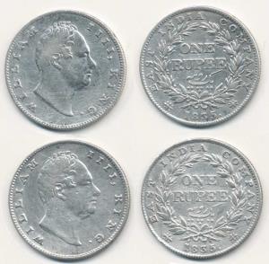 William IV, Silver Rupee (2), 1835, Bombay Mint, B / II / 20 Berries, no initials; 1835, C