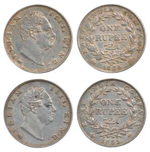 William IV, Silver Rupee (2), 1835, Bombay Mint, B / II / 20 Berries, no initials. Very Fi