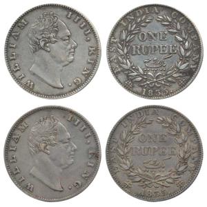William IV, Silver Rupee (2), 1835, Calcutta Mint, two different, 'F' incuse, rev.19 Berri