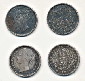 Victoria Queen, Silver ¼ Rupee (2), 1840, continuous legend and divided legend. Fine+ to A