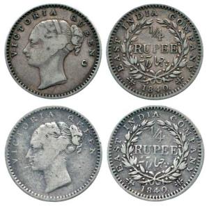 Victoria Queen, Silver ¼ Rupee (2), 1840, continuous legend. Fine to Fine+, Scarce. (2)