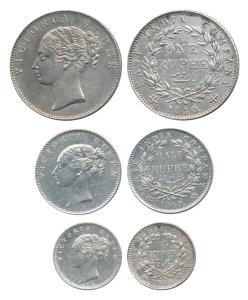 Victoria Queen, Silver (3) Rupee, ½ and ¼ Rupee, 1840, continuous legend. Extremely Fine t