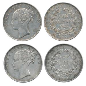 Victoria Queen, Silver Rupee (2), 1840, Calcutta Mint, continuous legend, English head (sh