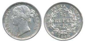 Victoria Queen, Silver ¼ Rupee, 1840, Calcutta Mint, divided legend, obv. WW raised, rev. 