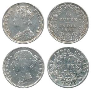 Victoria Queen and Empress, Silver ¼ Rupee (2), 1840 divided legend and 1887. Fine to Abou