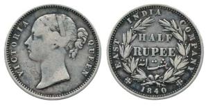 Victoria Queen, Silver ½ Rupee, 1840, divided legend, Calcutta Mint, obv. WW incuse, rev. 