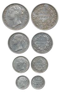 Victoria Queen, Silver (4), Rupee, ½ Rupee, ¼ Rupee and 2 Annas, 1840 and 1841, divided le