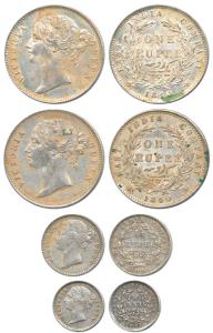 Victoria Queen, Silver (4), Rupee (2), ¼ Rupee and 2 Annas, 1840 and 1841, divided legend.