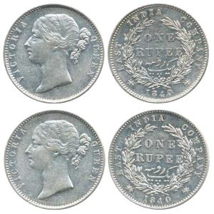 Victoria Queen, Silver Rupee (2), 1840, Madras Mint, divided legend, obv. WWS raised, rev.