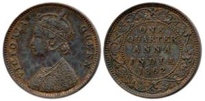 Victoria Queen, Copper ¼ Anna, 1862. Uncirculated with nice even toning, Scarce.