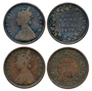 Victoria Queen and Empress, Copper, ½ Anna, 1862, 1876. Fine, Scarce. (2)