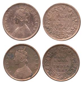 Victoria Queen and Empress, Copper ½ Anna, 1862 and 1877. Very Fine and Fine+, Scarce. (2)