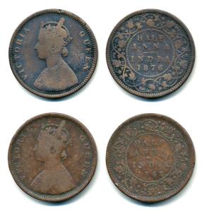 Victoria Queen, Copper ½ Anna (2), 1862 and 1876. Rare, Fine+. (2)