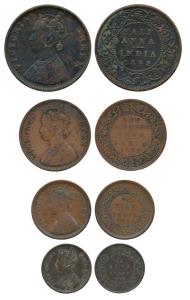 Victoria Queen, Copper (4), ½ Anna, ¼ Anna, ½ Pice, 1/12 Anna, 1862. About Very Fine to Ve
