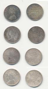 Victoria Queen and Empress, Silver 2 Annas (4), 1862 Calcutta Mint, 1887 Calcutta Mint, 18
