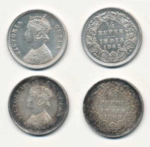 Victoria Queen, Silver ¼ Rupee (2), 1862, Calcutta Mint, A/I. About Uncirculated, Scarce. 