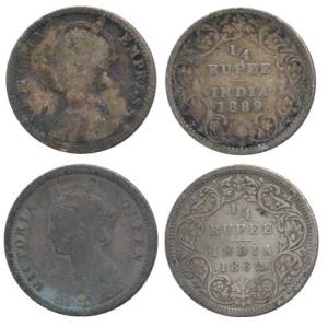 Victoria Queen and Empress, Silver ¼ Rupee (2), 1862 and 1889. Fine to Fine+. (2)