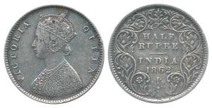 Victoria Queen, Silver ½ Rupee, 1862. Very Fine.
