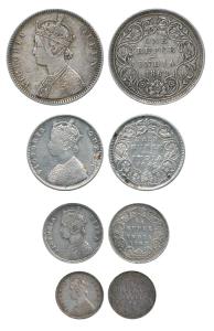 Victoria Queen, Silver (4), Rupee, ½ Rupee, ¼ Rupee and 2 annas, 1862. About Very Fine to 