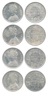 Victoria Queen, Silver Rupee (4), 1862, Calcutta Mint, A / I / 0 / 0 with Crescent. Very F