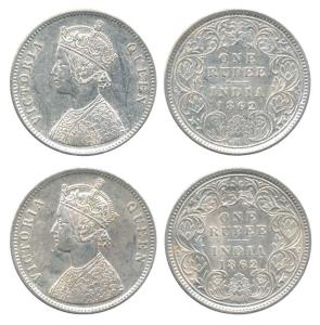Victoria Queen, Silver Rupee (2), 1862, Calcutta Mint, A / I / 0 / 0, without Crescent. Ve