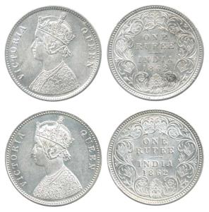 Victoria Queen, Silver Rupee (2), 1862, Calcutta Mint, A / I / 0 / 0 with crescent and oth