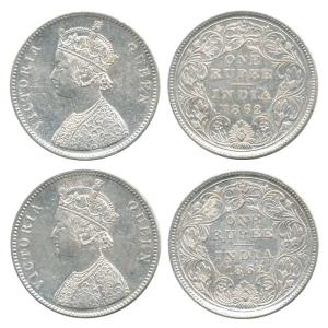 Victoria Queen, Silver Rupee (3), 1862, Calcutta Mint, A / II / 0 / 0, 4 Pineapple type. V