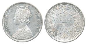 Victoria Queen, Silver Rupee, 1862, Calcutta Mint, A / II (a) / 0 / 0, 4 Pineapple. Uncirc