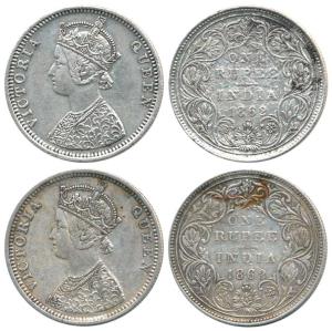 Victoria Queen, Silver Rupee (2), 1862, Bombay Mint, B / II / 1 / 0. About Very Fine to Ve