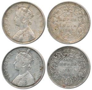 Victoria Queen, Silver Rupee (2), 1862, Bombay Mint, B / II / 2 / 0. About Very Fine. (2)
