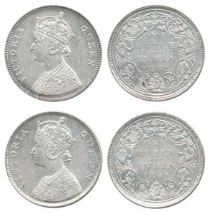 Victoria Queen, Silver Rupee (2), 1862, Bombay Mint, B / II / 2 / 0 and A / II / 0 / 4. Ex