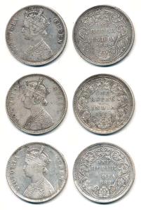 Victoria Queen, Silver Rupee (3), 1862, Bombay Mint, A / II / 0 / 4. About Very Fine to Ve