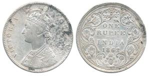 Victoria Queen, Silver Rupee, 1862, Bombay Mint, A / II / 0 / 9. Corrosion on obverse othe