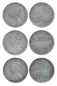 Victoria Queen and Empress, Silver Rupee (3), 1862, A / II / 0 / 6 and A / II / 0 / 10, 18