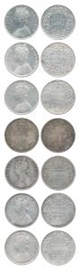 Victoria Queen and Empress, Silver Rupee (7), 1862 Calcutta Mint, 1875 Bombay Mint, 1876 B