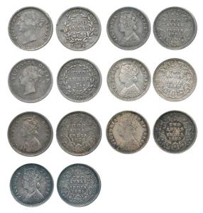 Victoria Queen and Empress, Silver 2 Annas (7), 1840 continuous legend, 1840 divided legen