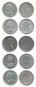 Victoria Queen and Empress, Silver 2 Annas (5), 1875, Calcutta Mint, 1877, Bombay Mint, 18