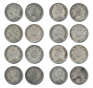 Victoria Empress, Silver 2 annas (8), 1882, 1887, 1888, 1889, 1890, 1892, 1897 (2). Fine+ 