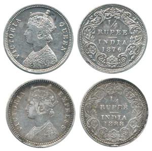 Victoria Queen and Empress, Silver ¼ Rupee (2), 1876 Calcutta Mint, and 1888 Calcutta Mint