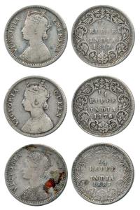 Victoria Queen and Empress, Silver ¼ Rupee (3), 1876, 1877 and 1887. Fine+ to About Very F