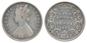 Victoria Empress, Silver ½ Rupee, 1892, Bombay Mint, A / I / 'B' incuse. About Very Fine, 