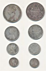 Victoria Empress, Silver (4), Rupee, ½ Rupee, ¼ Rupee and 2 Annas, 1875 Calcutta Mint, 187